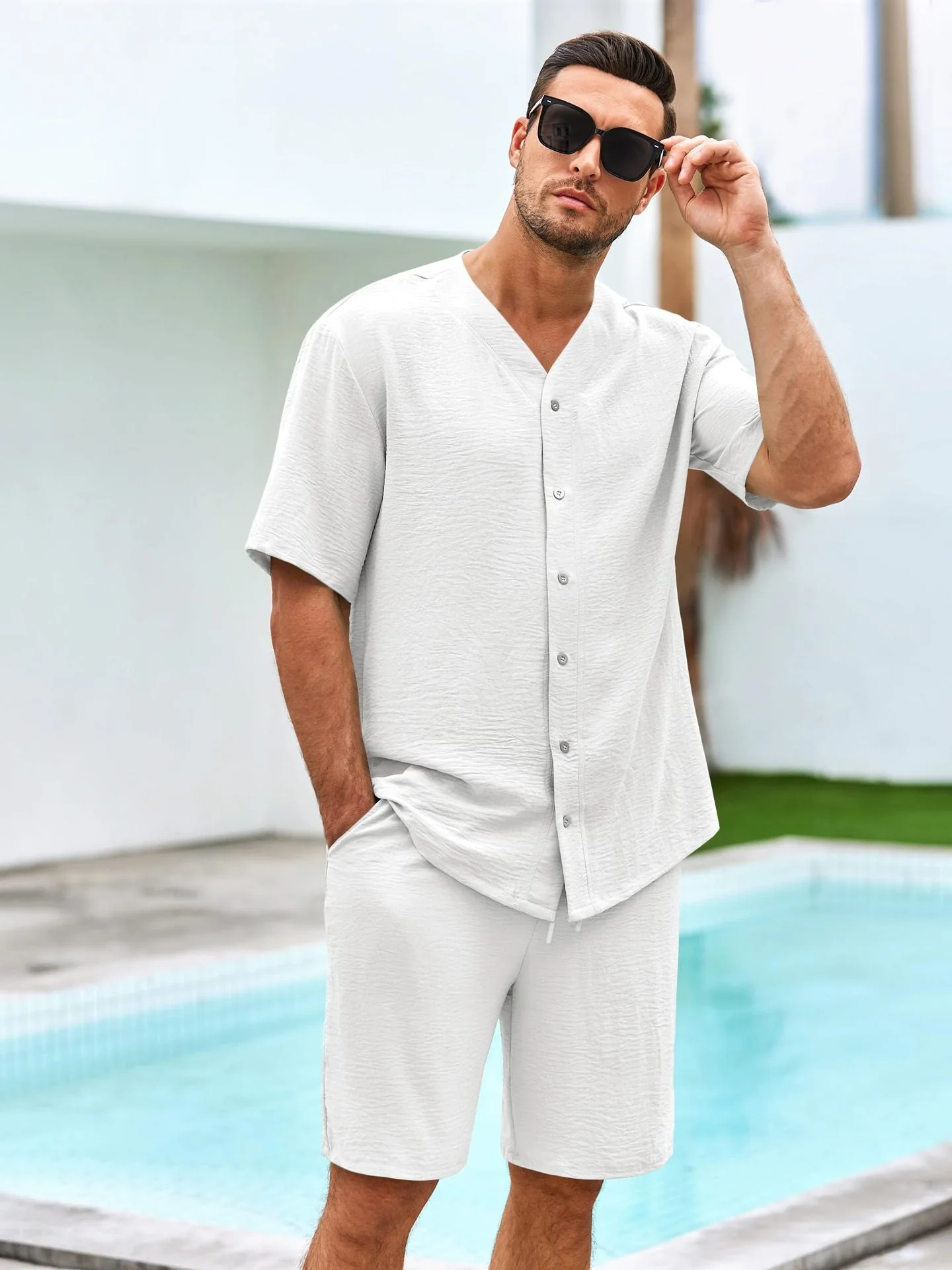 Men's Two-Piece Set – V-neck Shirt with Button Closure – Relaxed Fit Shorts – Breathable Fabric - Image 9