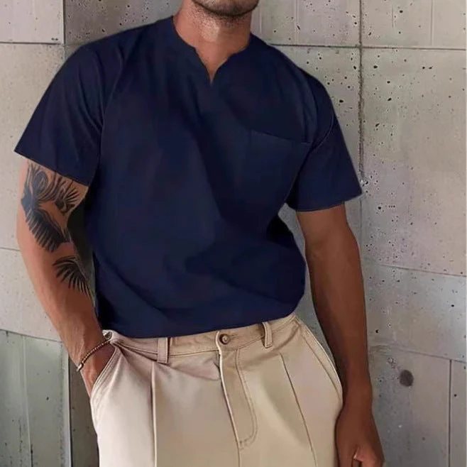Men's V-neck T-shirt – Slim Fit – Chest Pocket – Breathable Natural Textile - Image 2