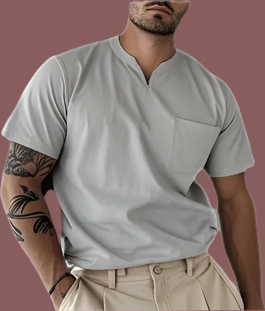 Men's V-neck T-shirt – Slim Fit – Chest Pocket – Breathable Natural Textile - Image 5