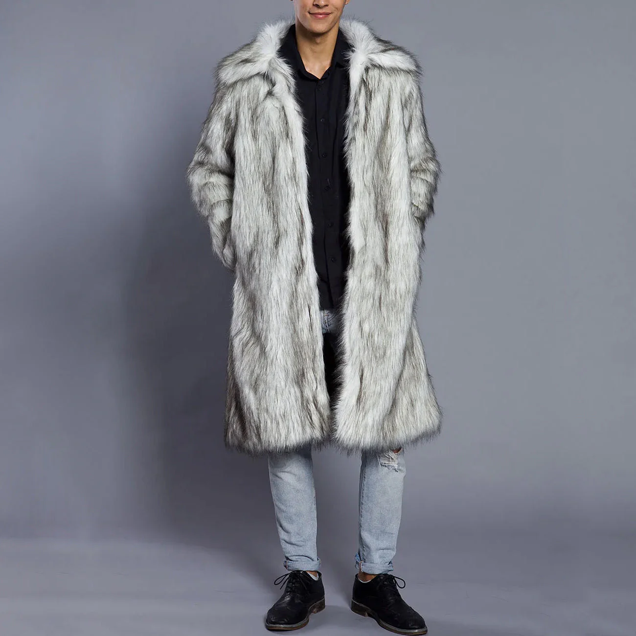 Men's Fur Coat – Oversized Fit – Full Length – Luxury Faux Fur – Open Front - Image 2