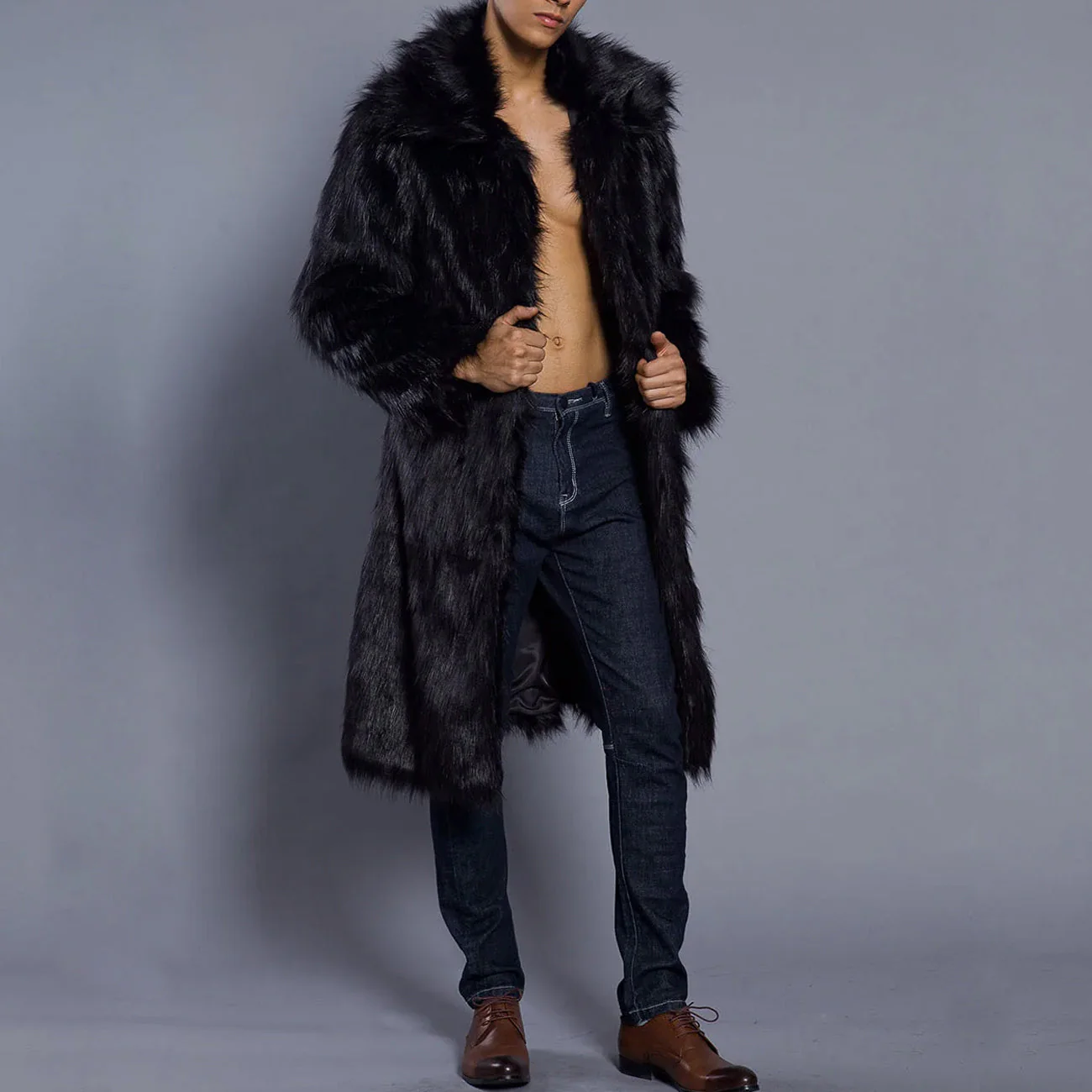 Men's Fur Coat – Oversized Fit – Full Length – Luxury Faux Fur – Open Front - Image 3