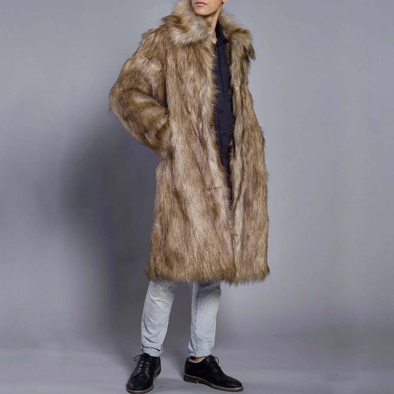 Men's Fur Coat – Oversized Fit – Full Length – Luxury Faux Fur – Open Front - Image 4