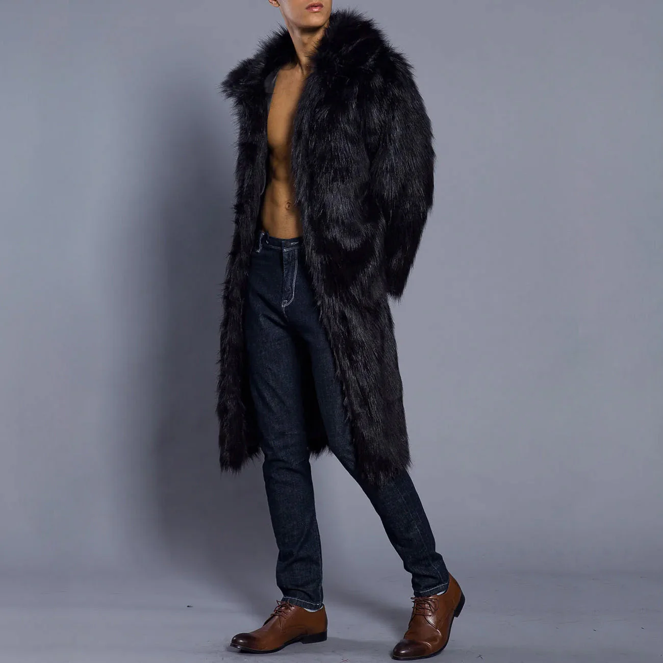 Men's Fur Coat – Oversized Fit – Full Length – Luxury Faux Fur – Open Front - Image 7