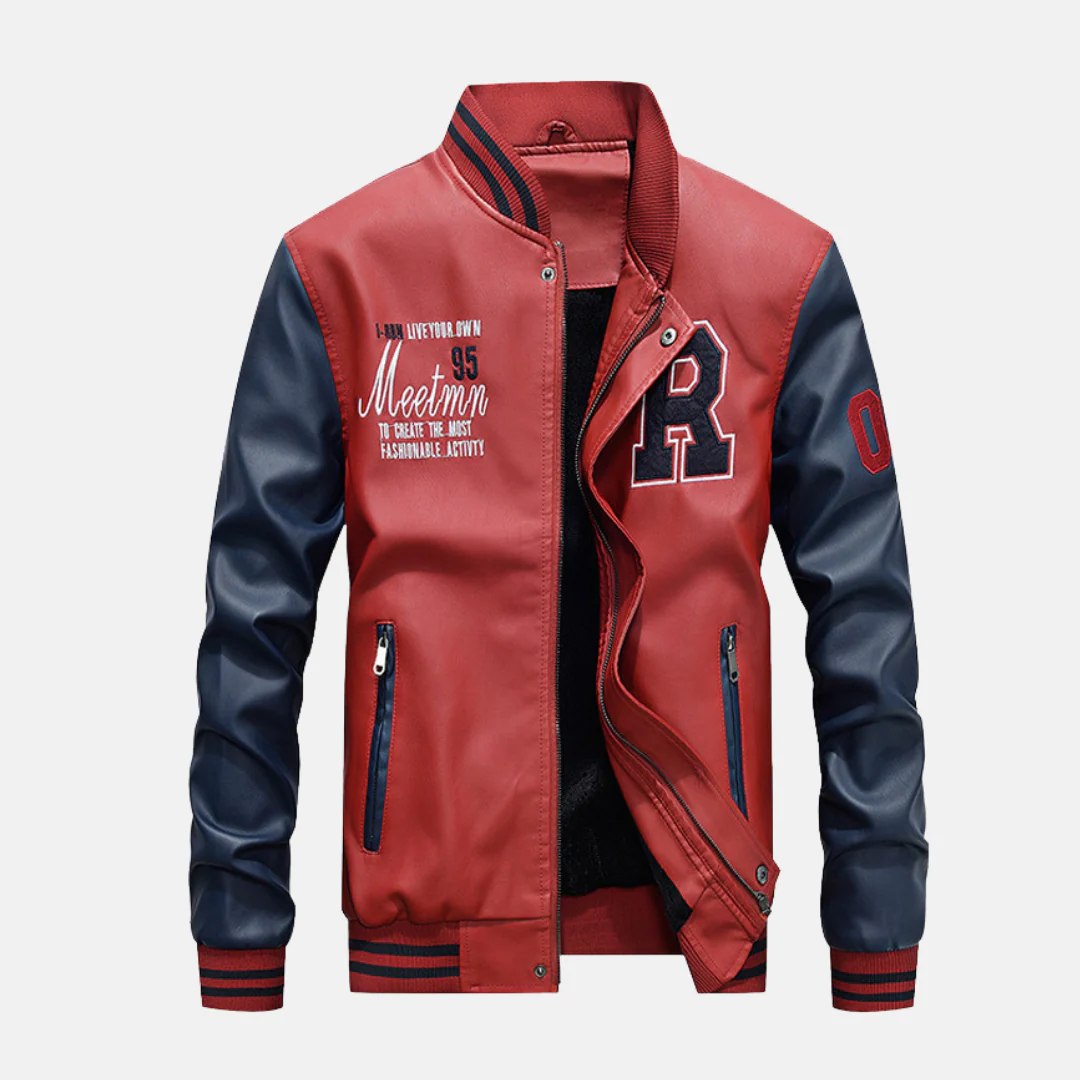 Men's Varsity Jacket – Leather Body – Ribbed Trims – Snap-button Closure – Regular Fit - Image 3