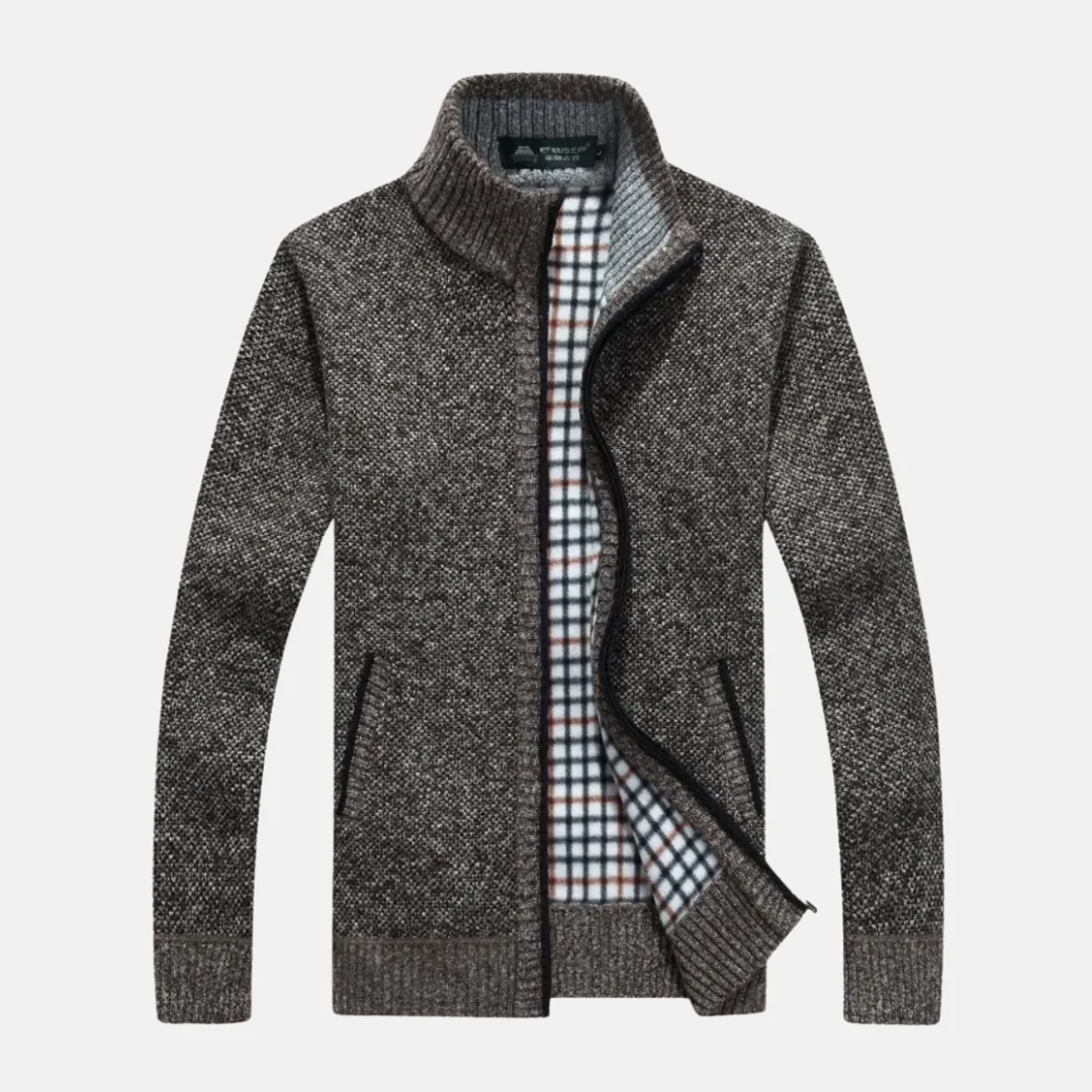 Men's Zip-Up Cardigan – Relaxed Fit – Knitted Texture – Stand-Up Collar – Ribbed Edges - Image 2