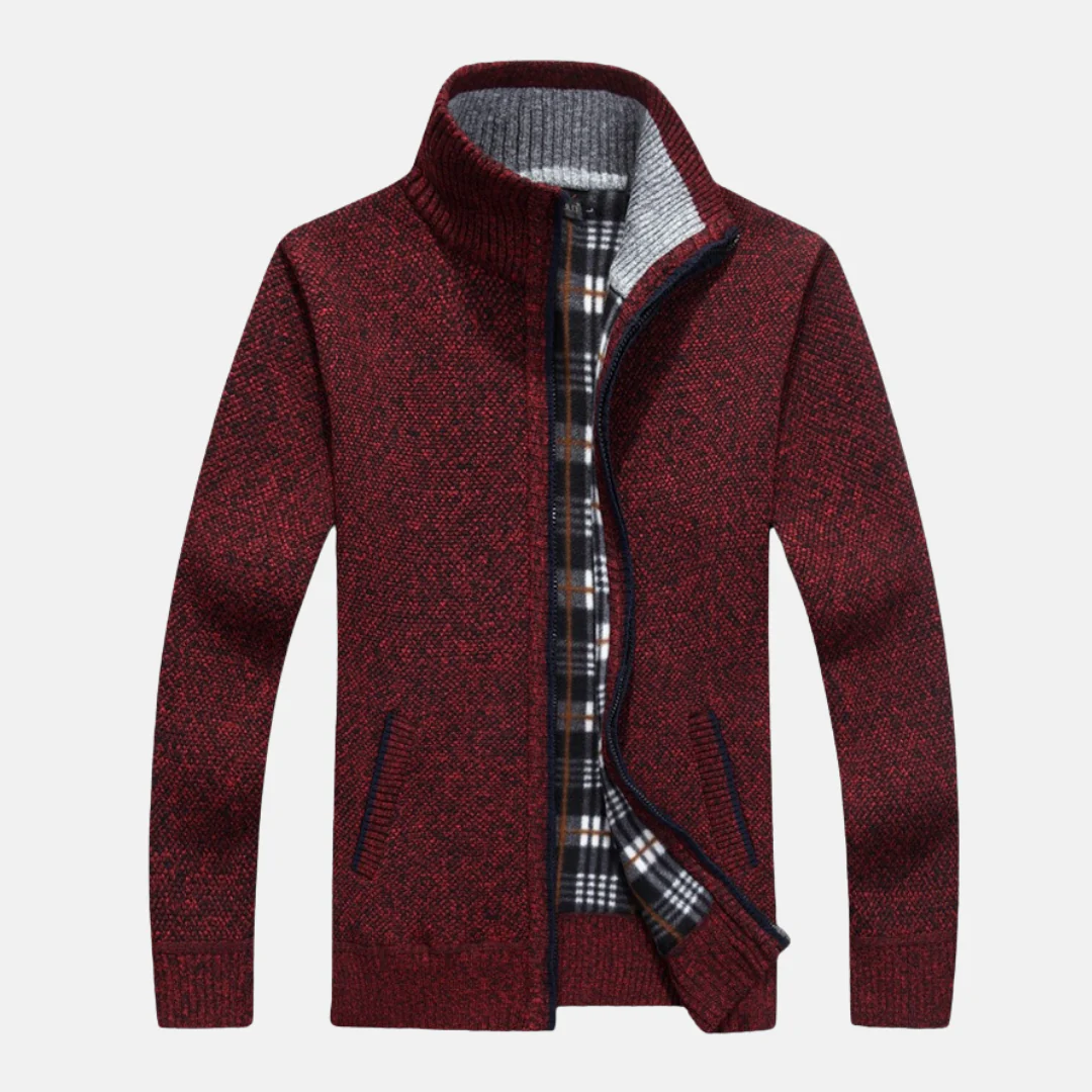 Men's Zip-Up Cardigan – Relaxed Fit – Knitted Texture – Stand-Up Collar – Ribbed Edges - Image 3
