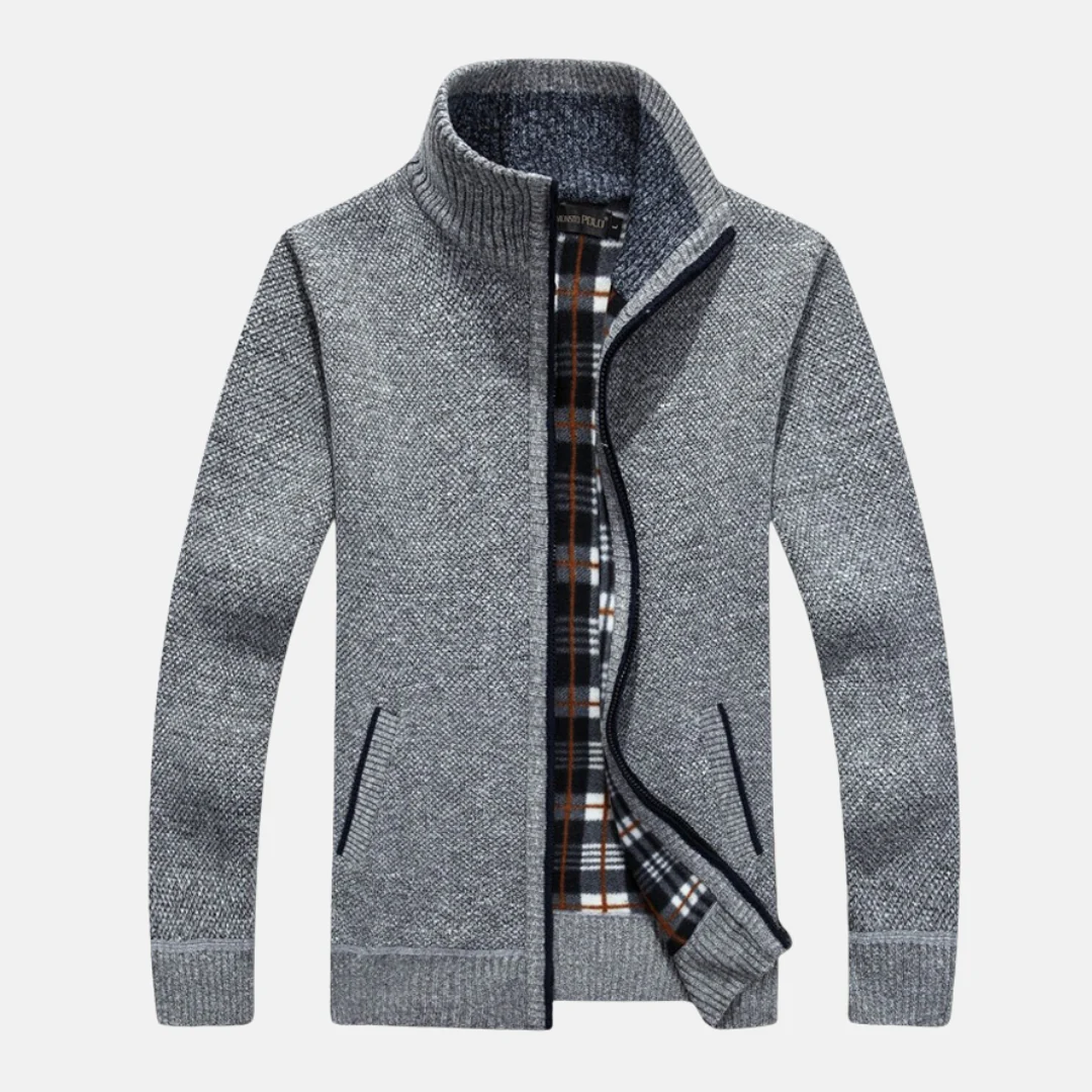 Men's Zip-Up Cardigan – Relaxed Fit – Knitted Texture – Stand-Up Collar – Ribbed Edges - Image 4
