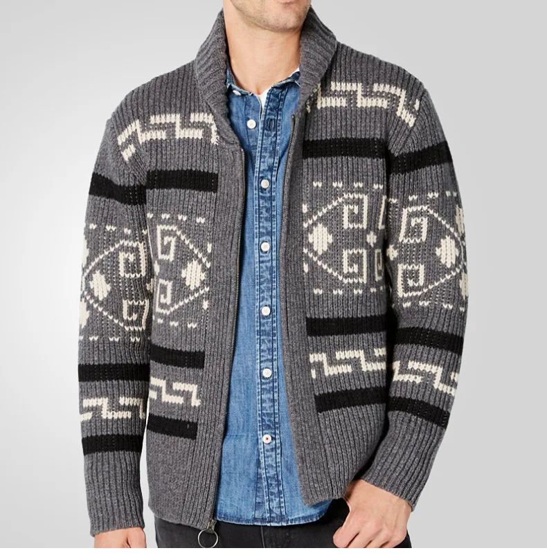 Men's Cardigan – Slim Fit – Knitted Wool – Zip Closure – Collar – Geometric Pattern - Image 2
