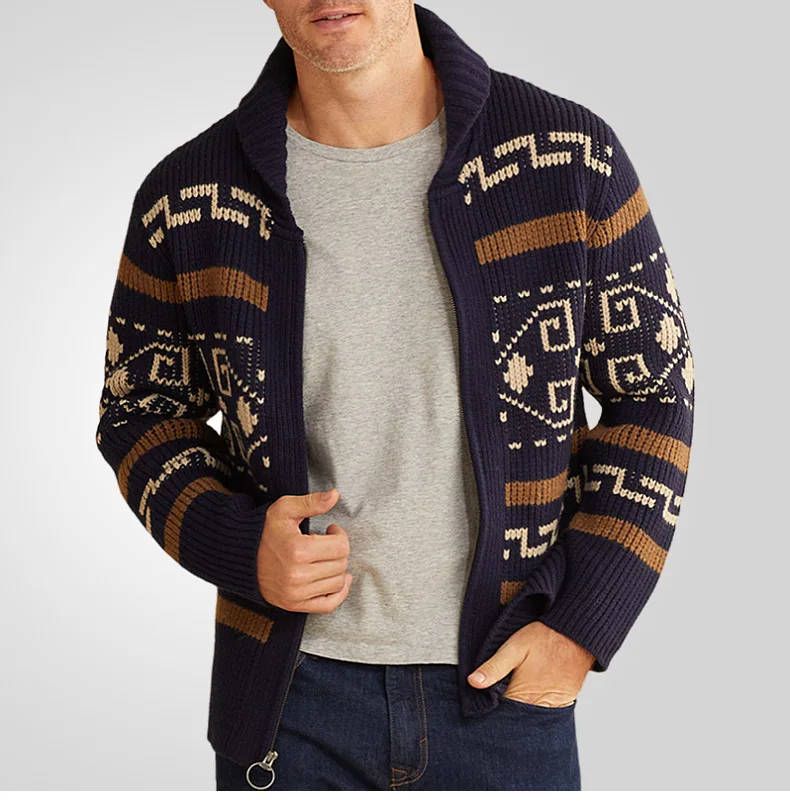 Men's Cardigan – Slim Fit – Knitted Wool – Zip Closure – Collar – Geometric Pattern - Image 3
