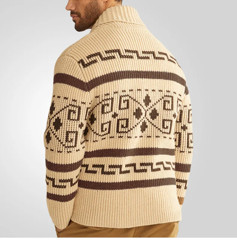 Men's Cardigan – Slim Fit – Knitted Wool – Zip Closure – Collar – Geometric Pattern - Image 4