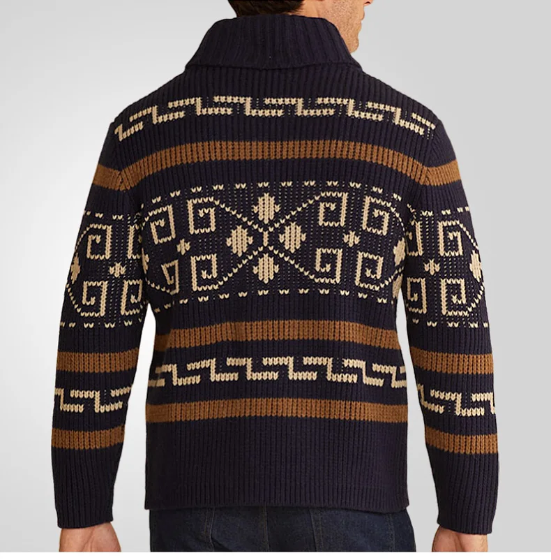Men's Cardigan – Slim Fit – Knitted Wool – Zip Closure – Collar – Geometric Pattern - Image 5