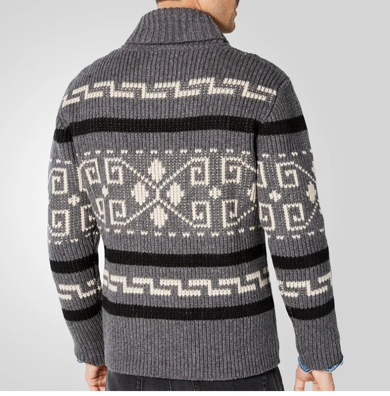 Men's Cardigan – Slim Fit – Knitted Wool – Zip Closure – Collar – Geometric Pattern - Image 6