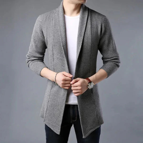Men's Cardigan – Wool – Open Front – Relaxed Fit – Shawl Collar – Ribbed Texture - Image 2