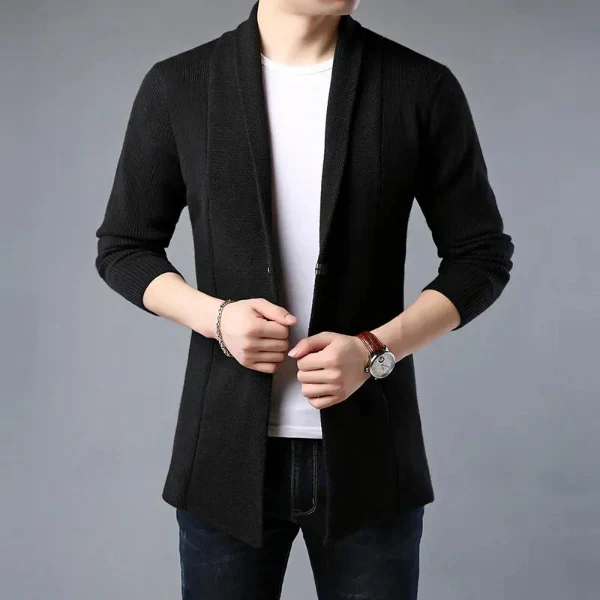 Men's Cardigan – Wool – Open Front – Relaxed Fit – Shawl Collar – Ribbed Texture - Image 3