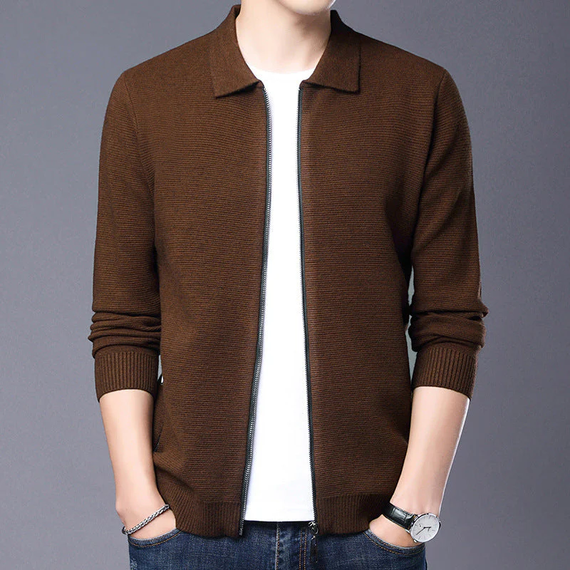 Men's Cardigan – Wool – Slim Fit – Zip Closure – Classic Collar – Ribbed Trims - Image 2
