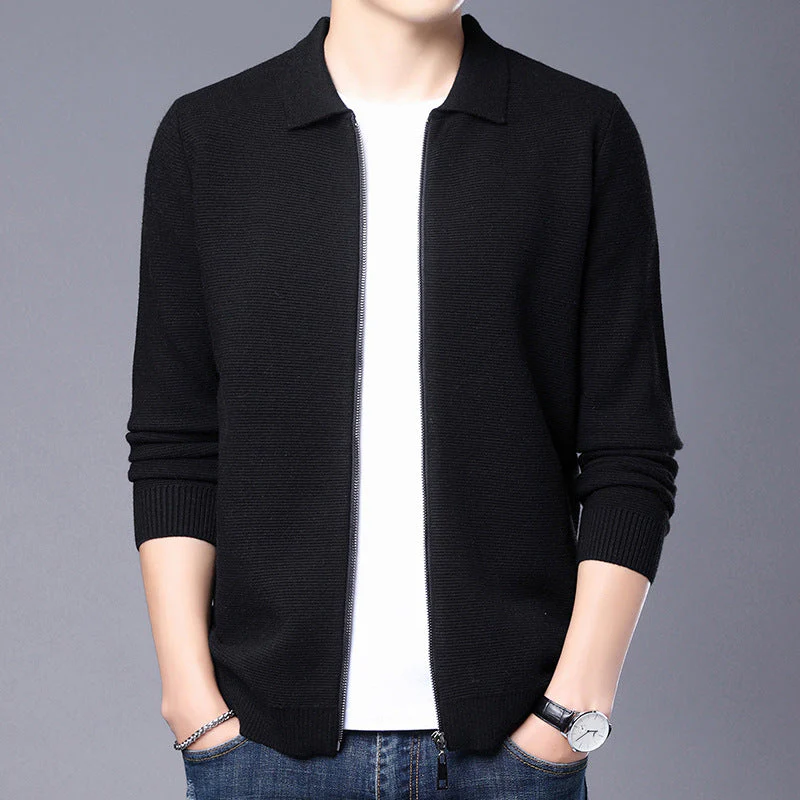 Men's Cardigan – Wool – Slim Fit – Zip Closure – Classic Collar – Ribbed Trims - Image 3