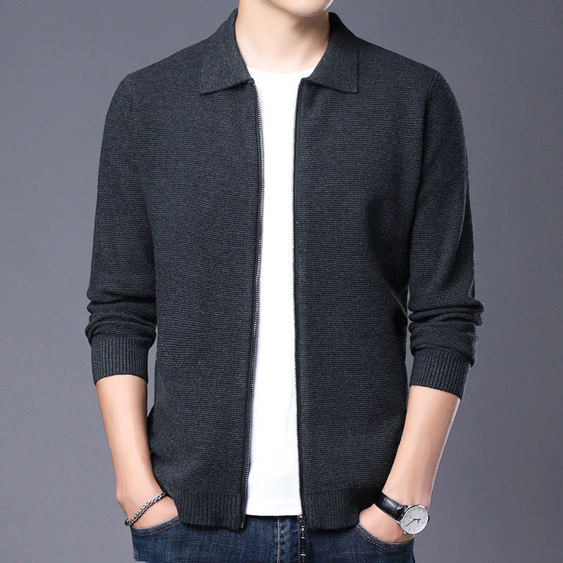 Men's Cardigan – Wool – Slim Fit – Zip Closure – Classic Collar – Ribbed Trims - Image 4