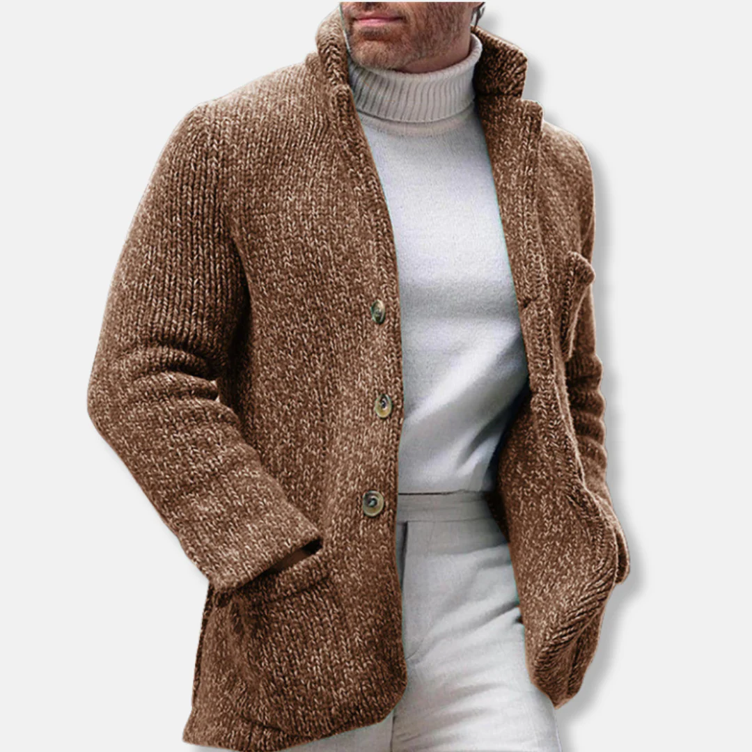 Men's Cardigan Jacket – Regular Fit – Knitted – Stand Collar – Button Closure – Patch Pockets