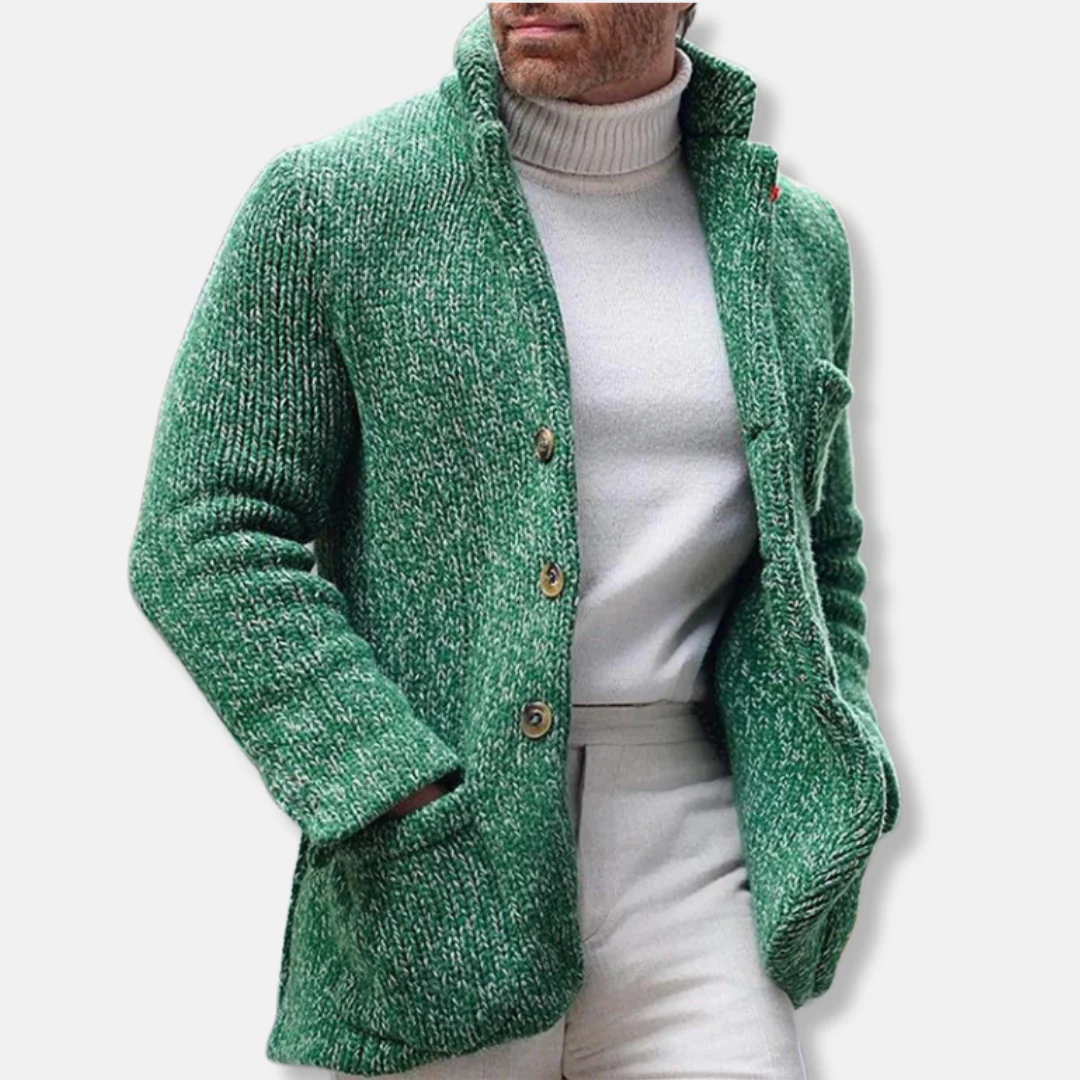 Men's Cardigan Jacket – Regular Fit – Knitted – Stand Collar – Button Closure – Patch Pockets - Image 2