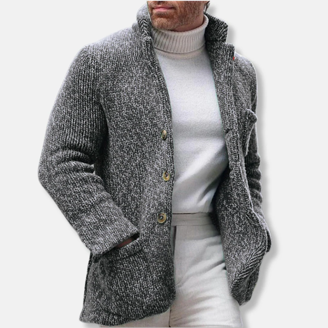Men's Cardigan Jacket – Regular Fit – Knitted – Stand Collar – Button Closure – Patch Pockets - Image 3