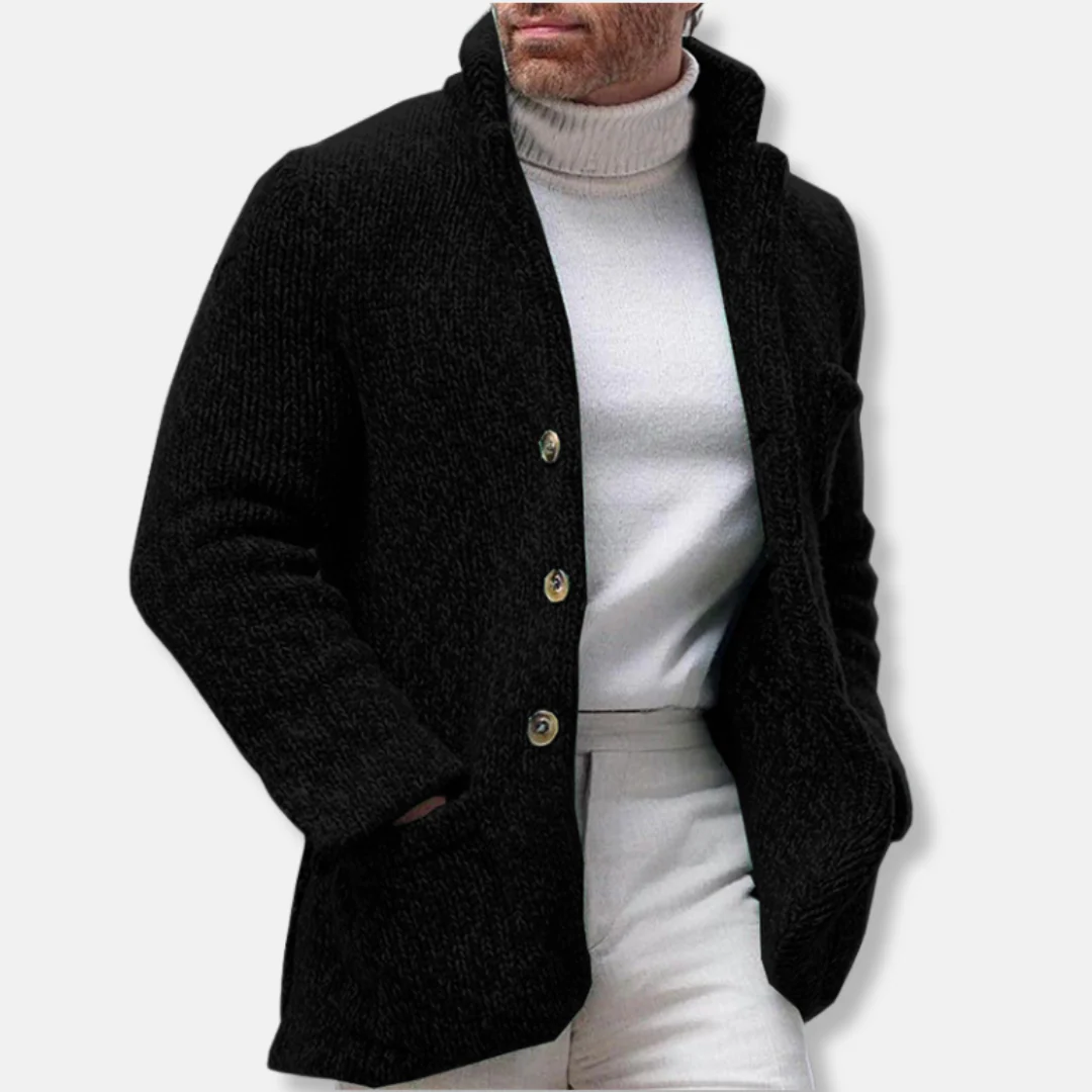 Men's Cardigan Jacket – Regular Fit – Knitted – Stand Collar – Button Closure – Patch Pockets - Image 4