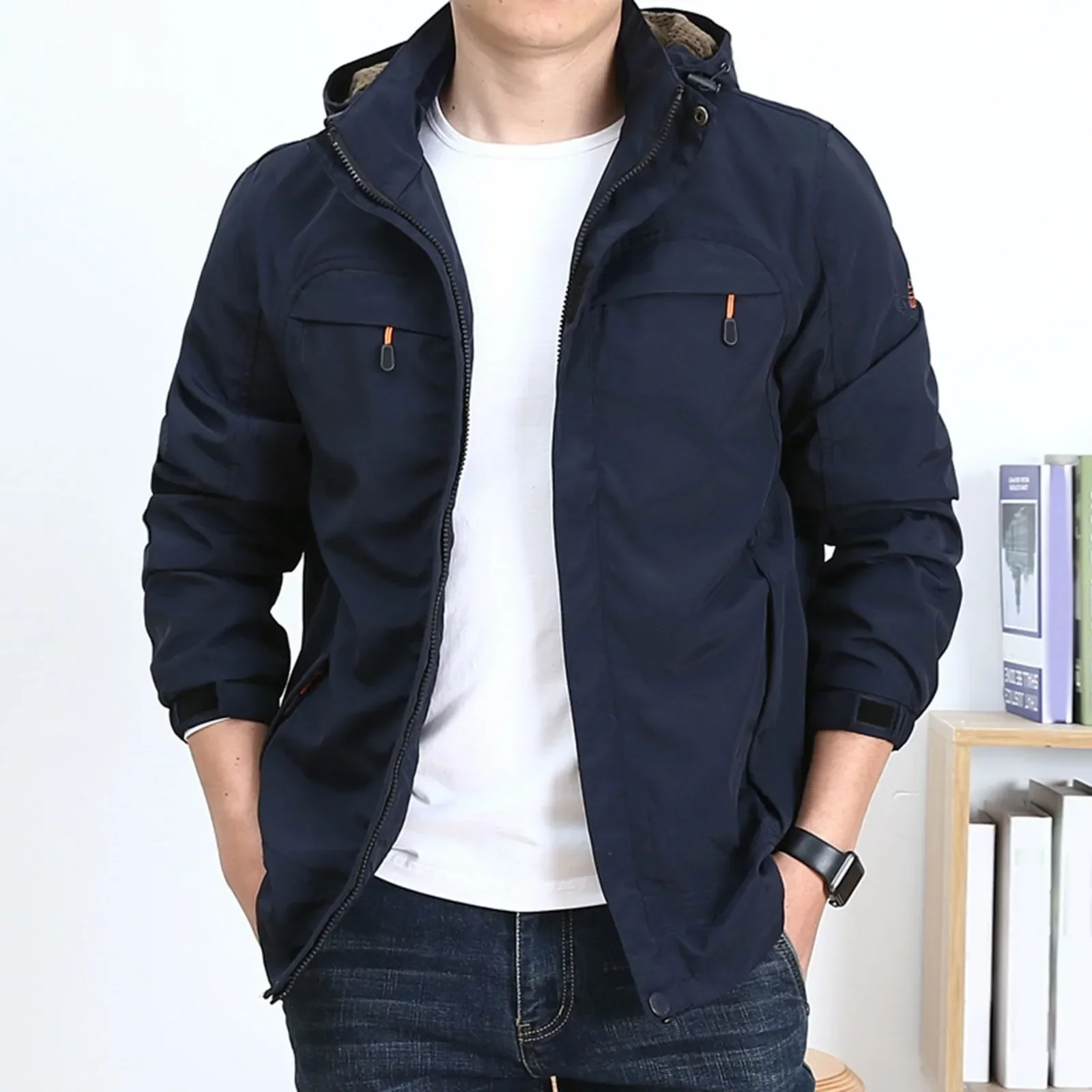 Men's Jacket – Cotton – Regular Fit – Mid-Length – Hood – Multiple Pockets – Zipper - Image 3