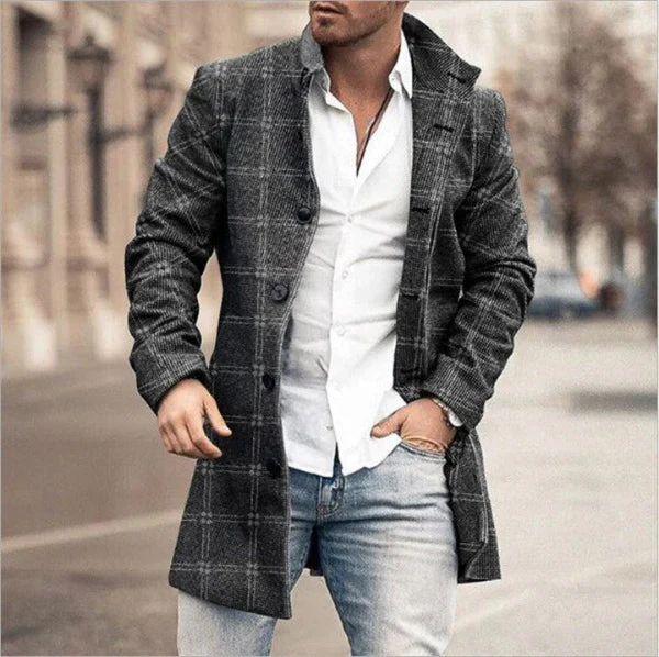 Men's Coat – Wool Blend – Tailored Fit – Check Pattern – Button Closure – Mid-Length - Image 3