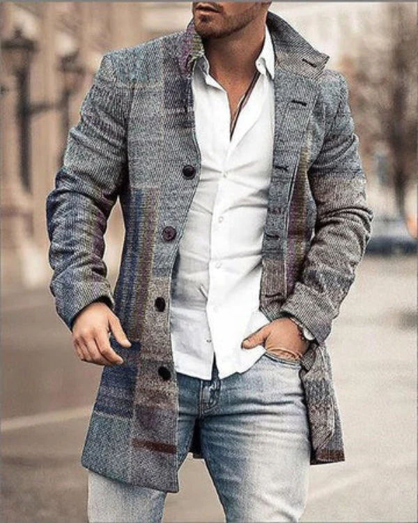 Men's Coat – Wool Blend – Tailored Fit – Check Pattern – Button Closure – Mid-Length - Image 5