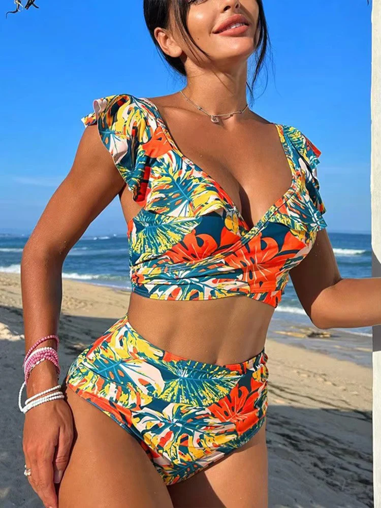 Ladies Bikini Set - V-Neck Top with Ruffles - Cap Sleeves - High Waist Brief - Image 2