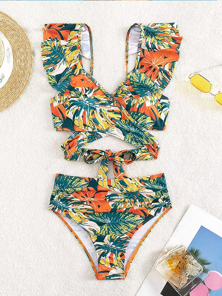Ladies Bikini Set - V-Neck Top with Ruffles - Cap Sleeves - High Waist Brief - Image 4