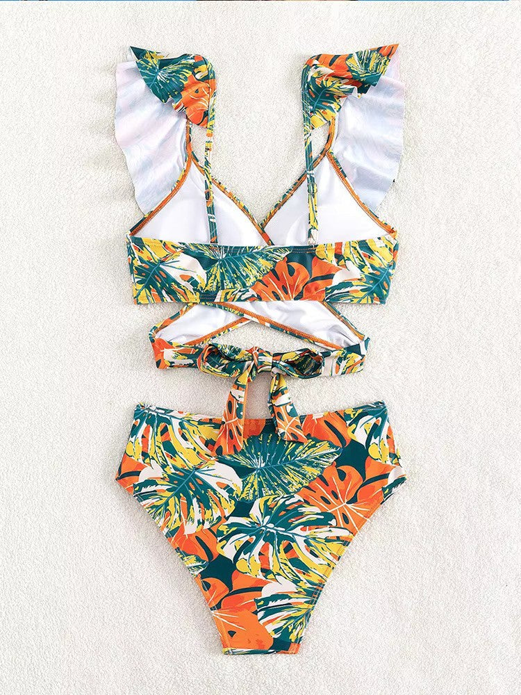 Ladies Bikini Set - V-Neck Top with Ruffles - Cap Sleeves - High Waist Brief - Image 5