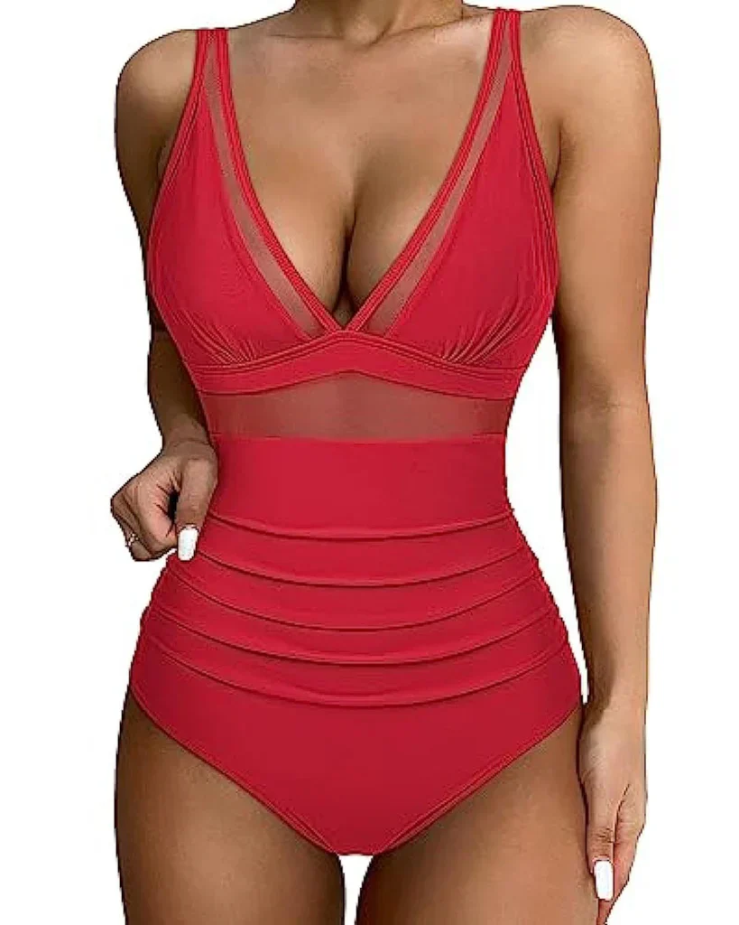 Ladies Swimsuit - Shaping Effect - Mesh Insert - High Waist Model - Deep Neckline - Image 10
