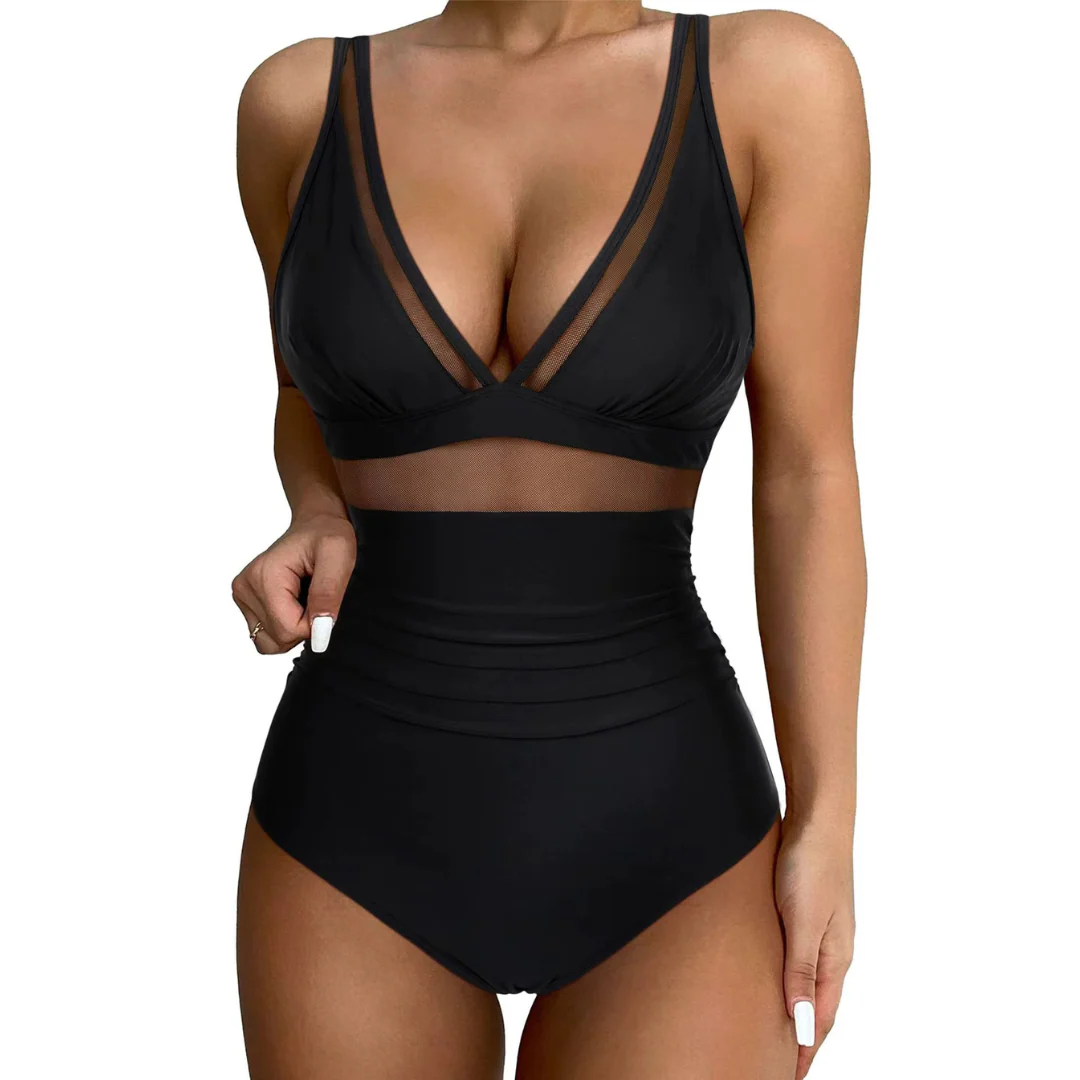 Ladies Swimsuit - Shaping Effect - Mesh Insert - High Waist Model - Deep Neckline - Image 2