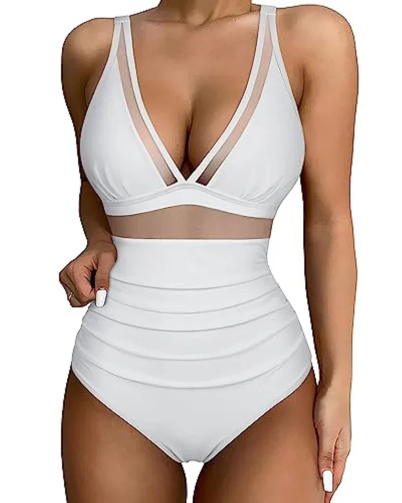 Ladies Swimsuit - Shaping Effect - Mesh Insert - High Waist Model - Deep Neckline - Image 6
