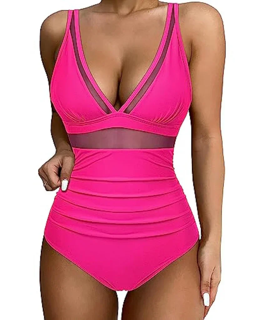 Ladies Swimsuit - Shaping Effect - Mesh Insert - High Waist Model - Deep Neckline - Image 7