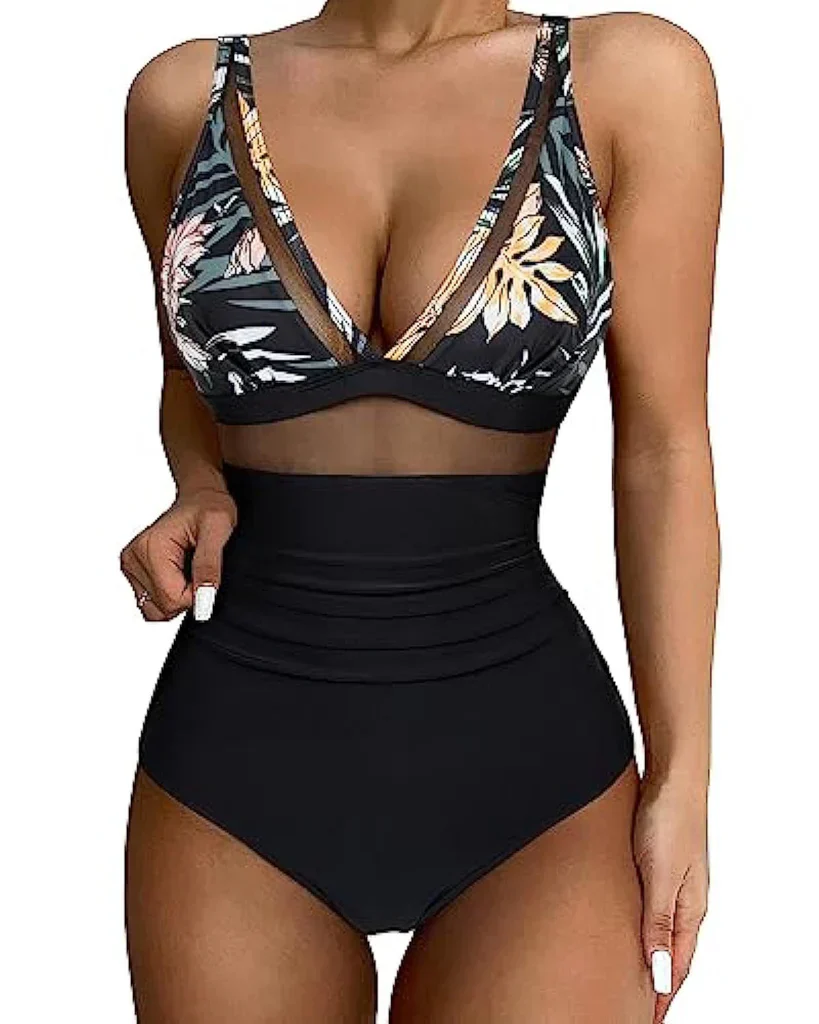 Ladies Swimsuit - Shaping Effect - Mesh Insert - High Waist Model - Deep Neckline - Image 8