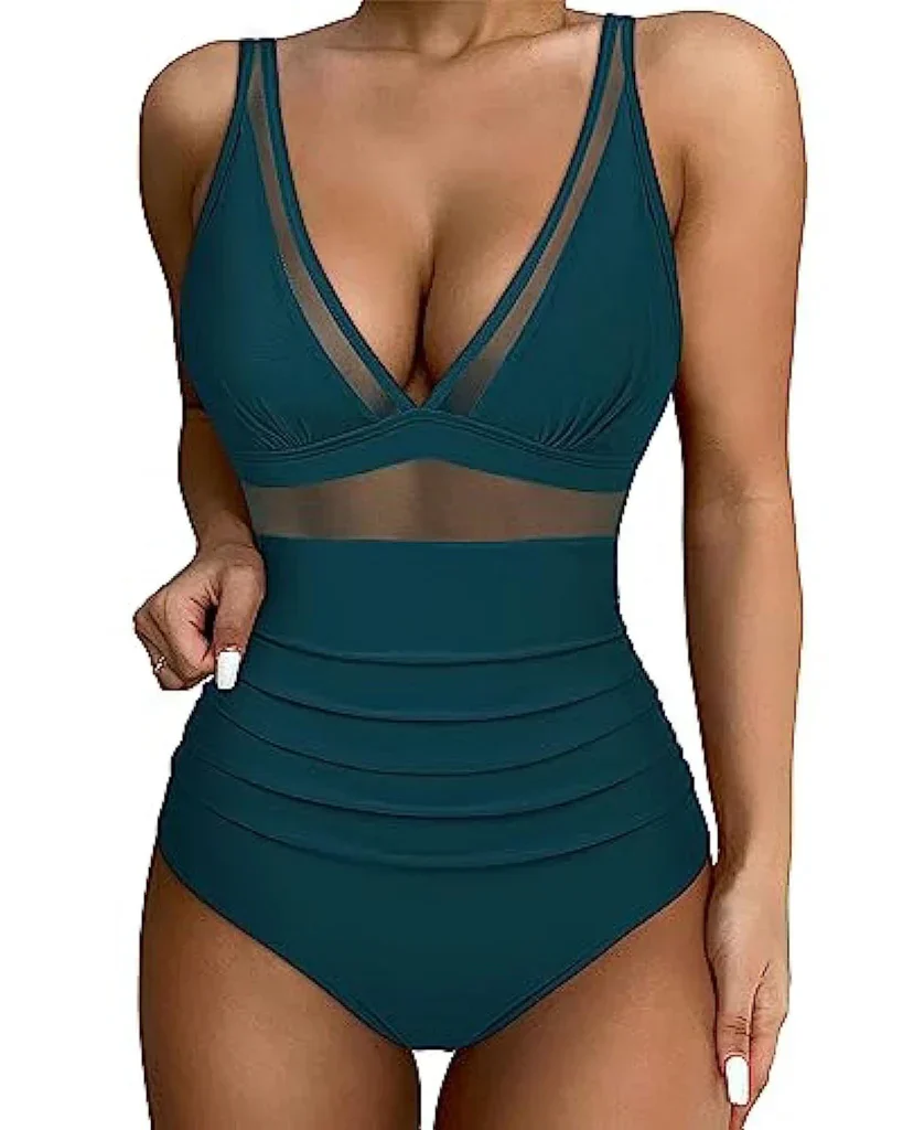 Ladies Swimsuit - Shaping Effect - Mesh Insert - High Waist Model - Deep Neckline - Image 9