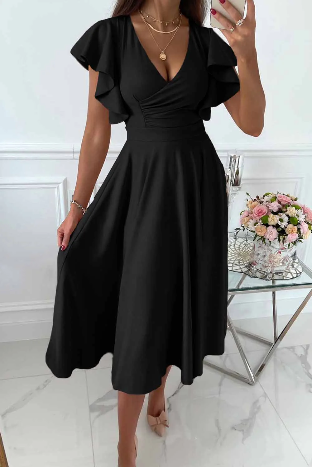 Iliana -  Comfortable V-Neck Dress - Image 4