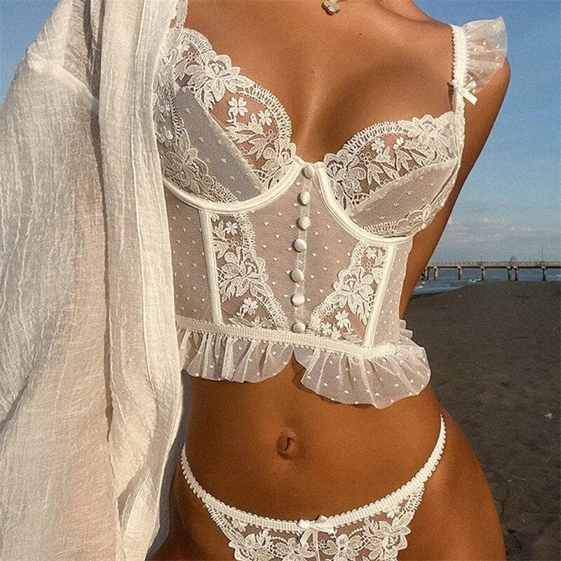 Ladies Lingerie Set - Lace Corset with Boning - Sheer Top - Matching Panty - Image 2