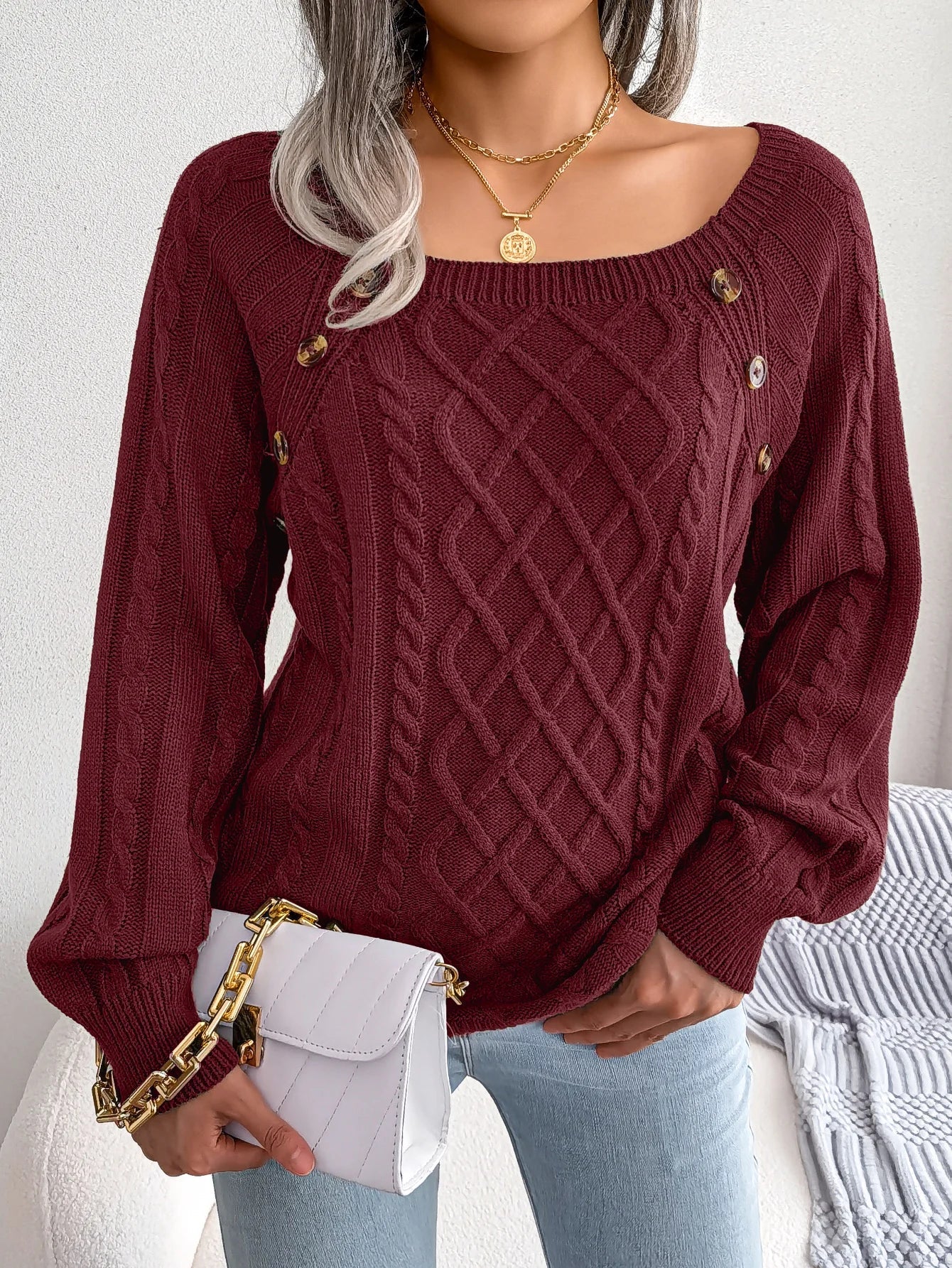 Isla Relaxed Fit Knit Sweater | Boat Neck Cable Knit Sweater - Image 2