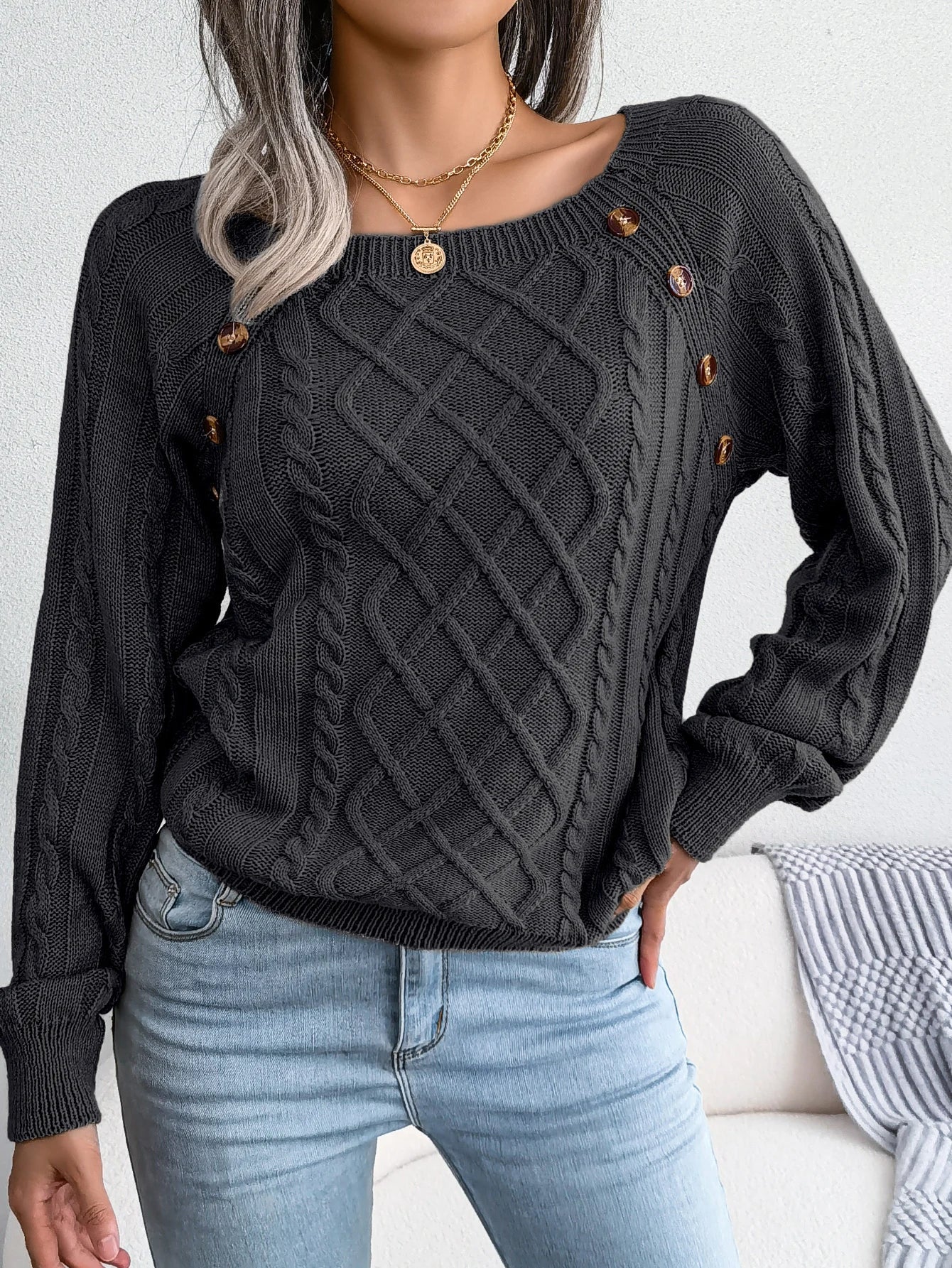Isla Relaxed Fit Knit Sweater | Boat Neck Cable Knit Sweater - Image 5