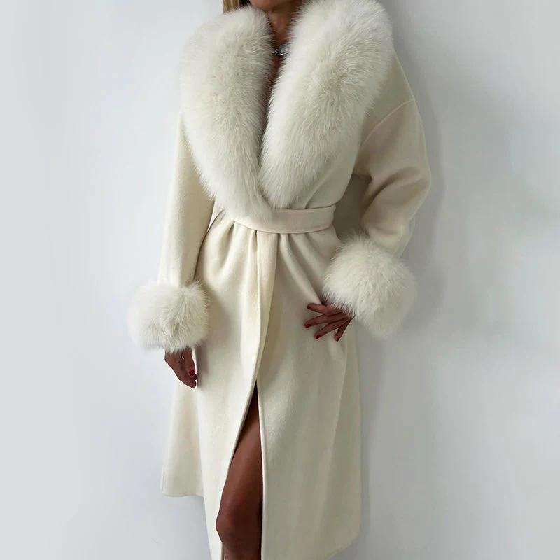 Isla Straight Fit Long Coat | Belted Fur Trim Long Coat - Image 2