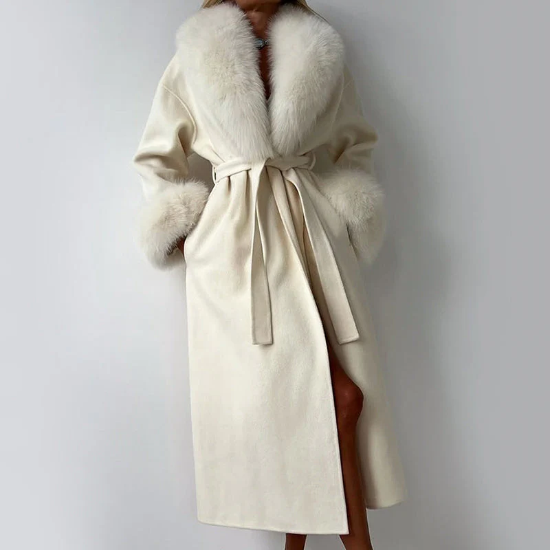 Isla Straight Fit Long Coat | Belted Fur Trim Long Coat - Image 3