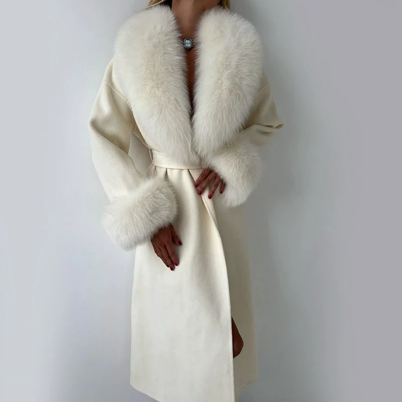 Isla Straight Fit Long Coat | Belted Fur Trim Long Coat - Image 4