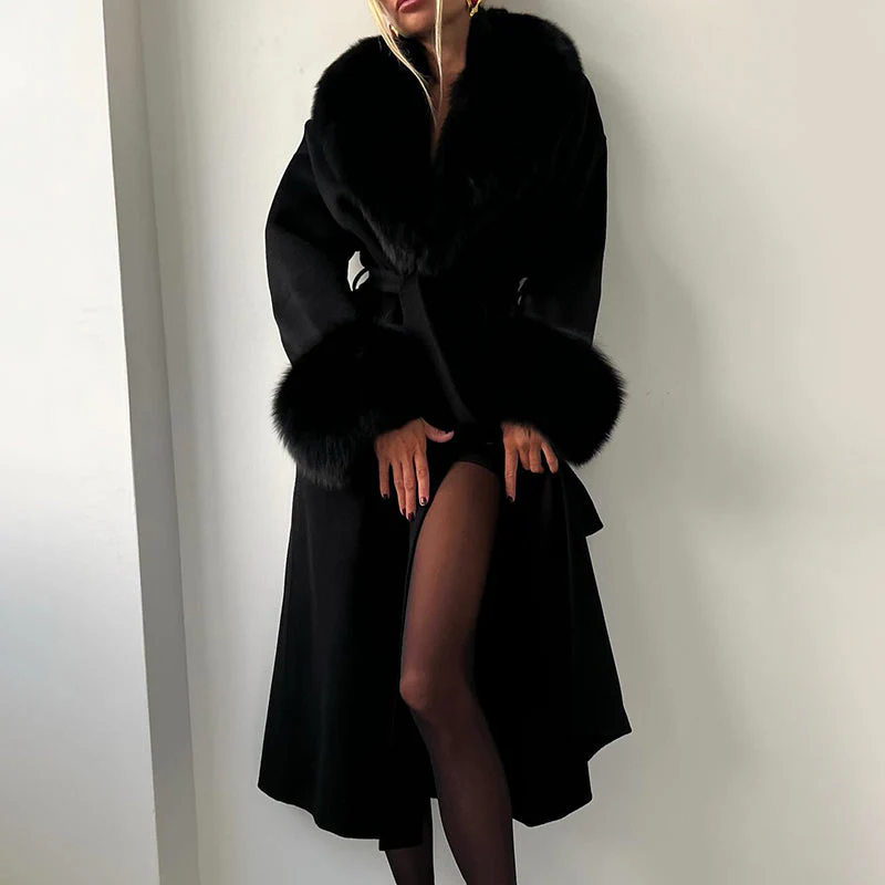 Isla Straight Fit Long Coat | Belted Fur Trim Long Coat - Image 6