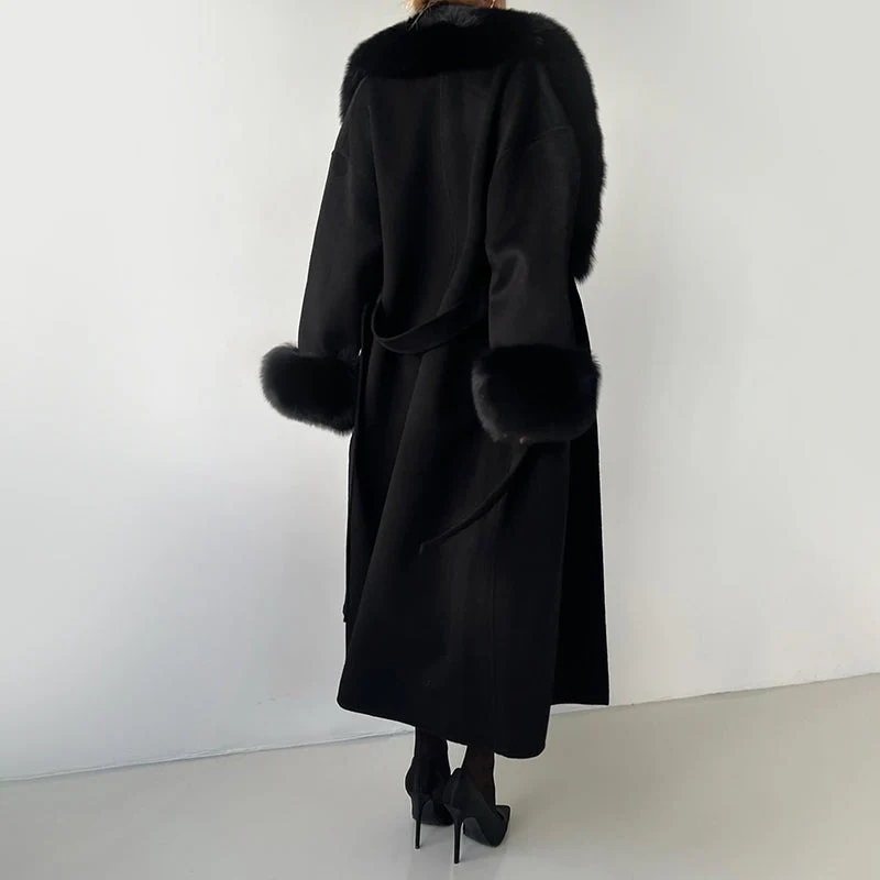 Isla Straight Fit Long Coat | Belted Fur Trim Long Coat - Image 7