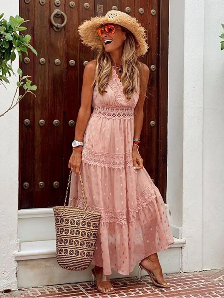 Ladies Maxi Dress – Sleeveless – V-neck – A-line Fit – Lace Details – Layered Design - Image 2