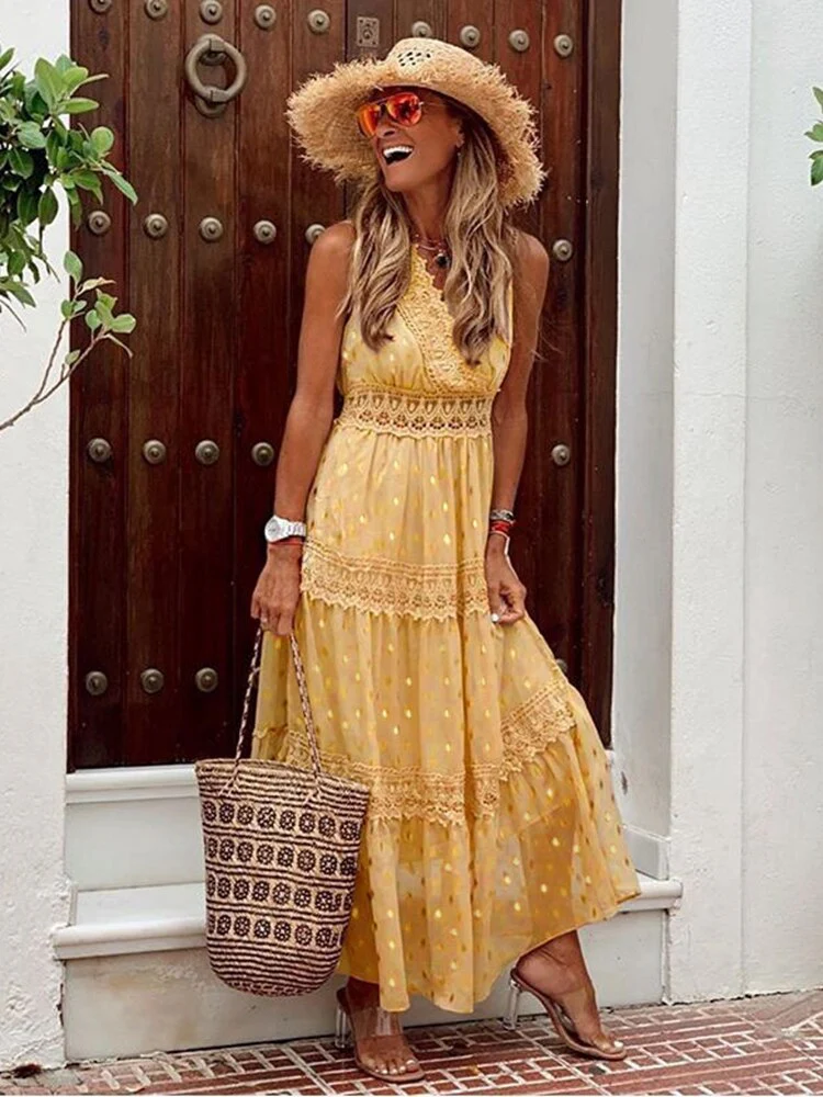 Ladies Maxi Dress – Sleeveless – V-neck – A-line Fit – Lace Details – Layered Design - Image 5