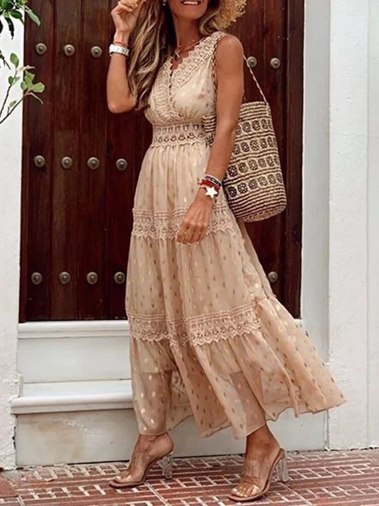 Ladies Maxi Dress – Sleeveless – V-neck – A-line Fit – Lace Details – Layered Design - Image 6