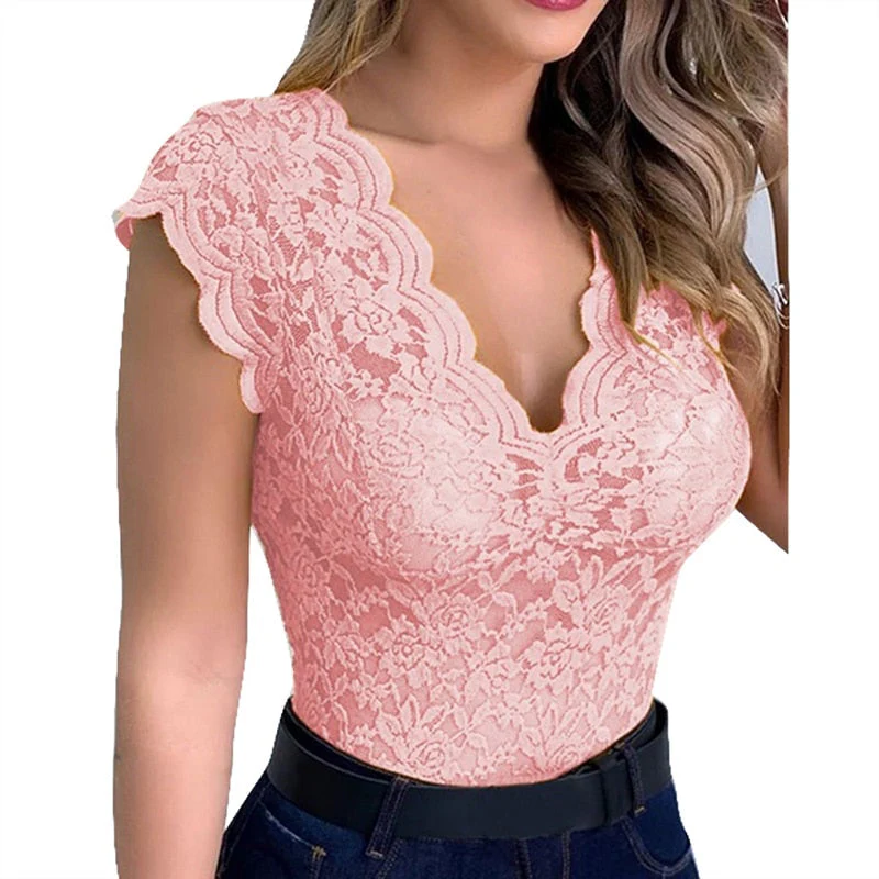 Lace Top – Elegant V-neck Blouse with Floral Pattern - Image 2